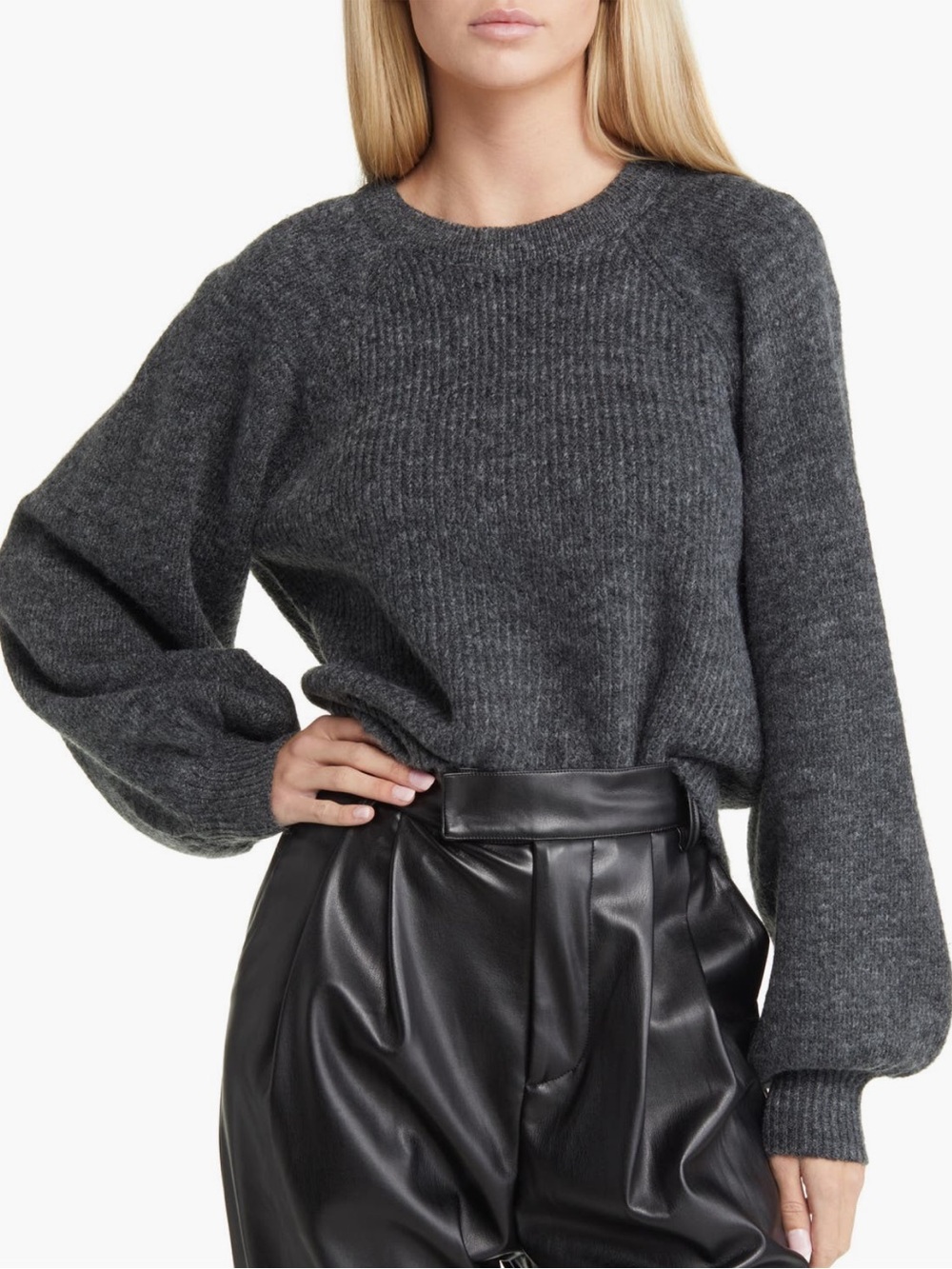 Topshop Charcoal Gray Ribbed Balloon-Sleeve Sweater